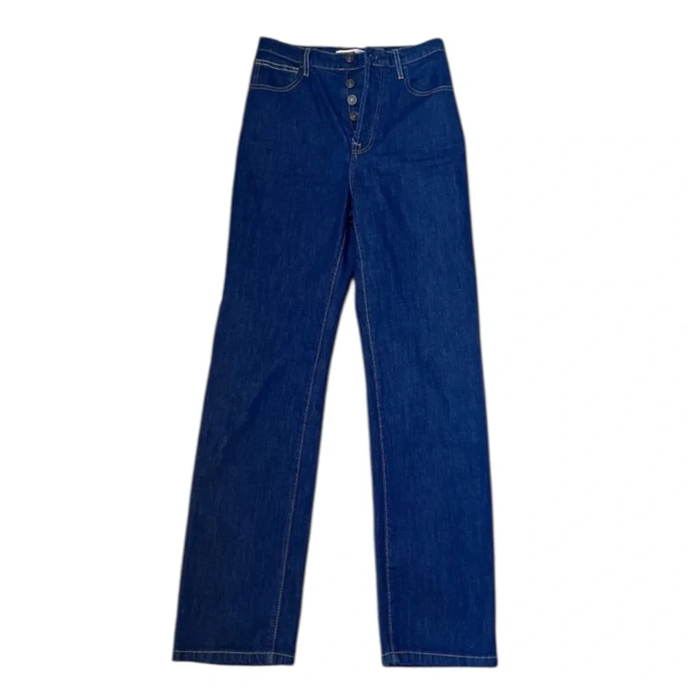 Leandra Medine X Mango Button Fly Dark Denim Jeans Women’s 4 Straight Hi Rise - Picture 3 of 14